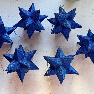 Vintage Set of 6 Blue Glitter Moravian Sputnik Star Ornaments Christmas Winter